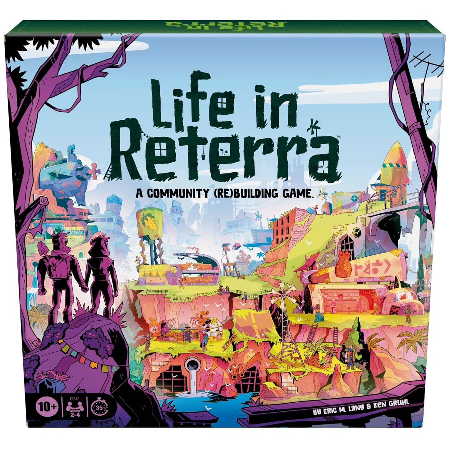Life in Reterra board game cover, showing a vibrant, stylized post-apocalyptic community settlement built into terraced cliffs