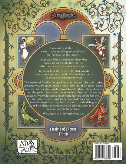 Ars Magica Realms of Power Faerie sourcebook featuring mythical creatures including an angel fairy dragon and vampire on a decorative cover