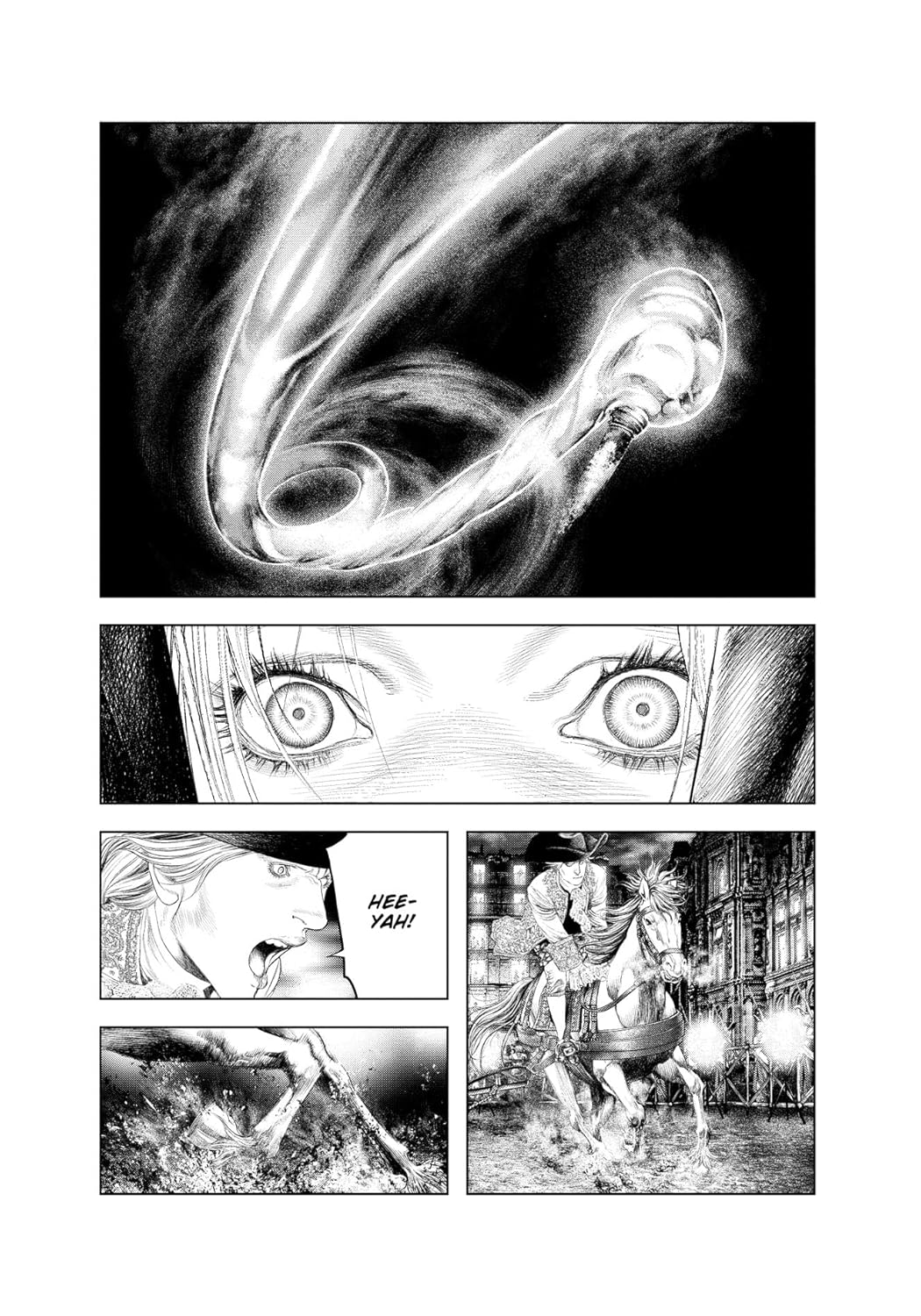 A manga page shows a glowing -  twisted staff -  wide startled eyes -  and a person on horseback galloping