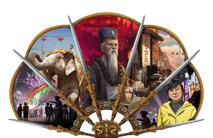 Detailed illustration of Asian culture with an elderly man in blue robes and cap an elephant with rider and diverse street scenes