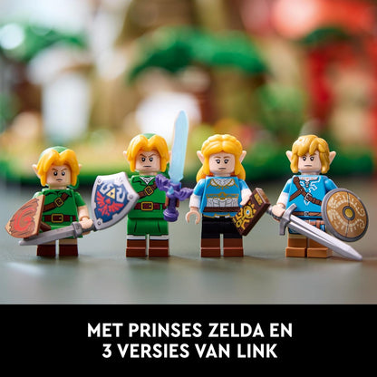 Four Zelda LEGO minifigures: Princess Zelda and three versions of Link with swords and shields