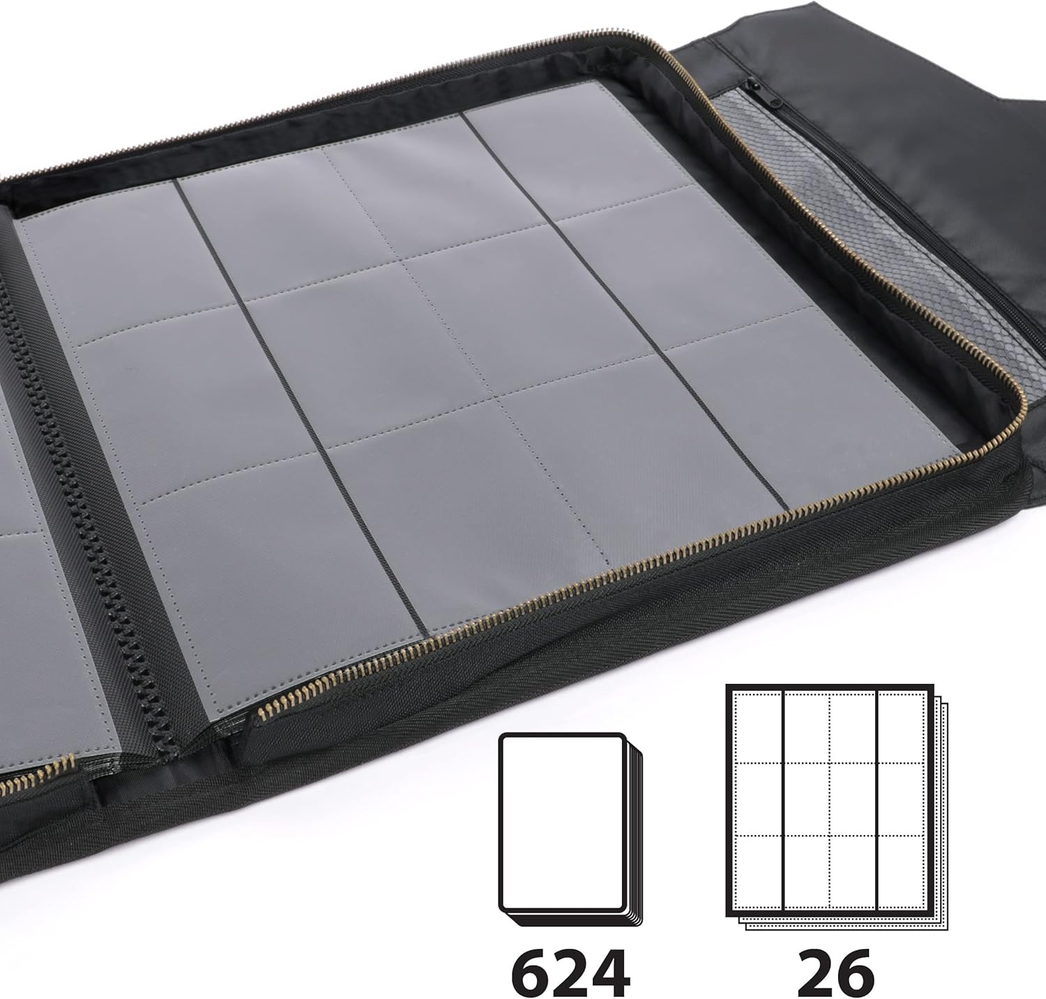 An open black zippered binder reveals clear 9-pocket pages for card storage
