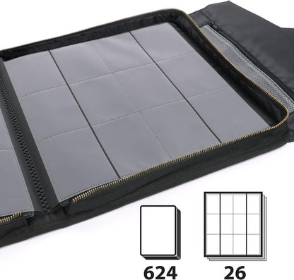 An open black zippered binder reveals clear 9-pocket pages for card storage