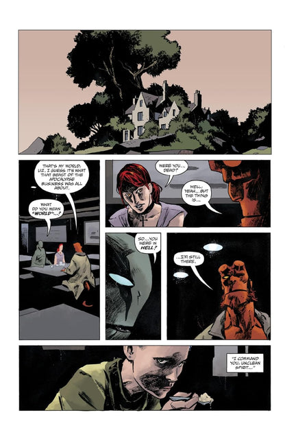 Comic page: Panels show Hellboy and a woman discussing hell -  concluding with a youth holding a spoon -  commanding a spirit