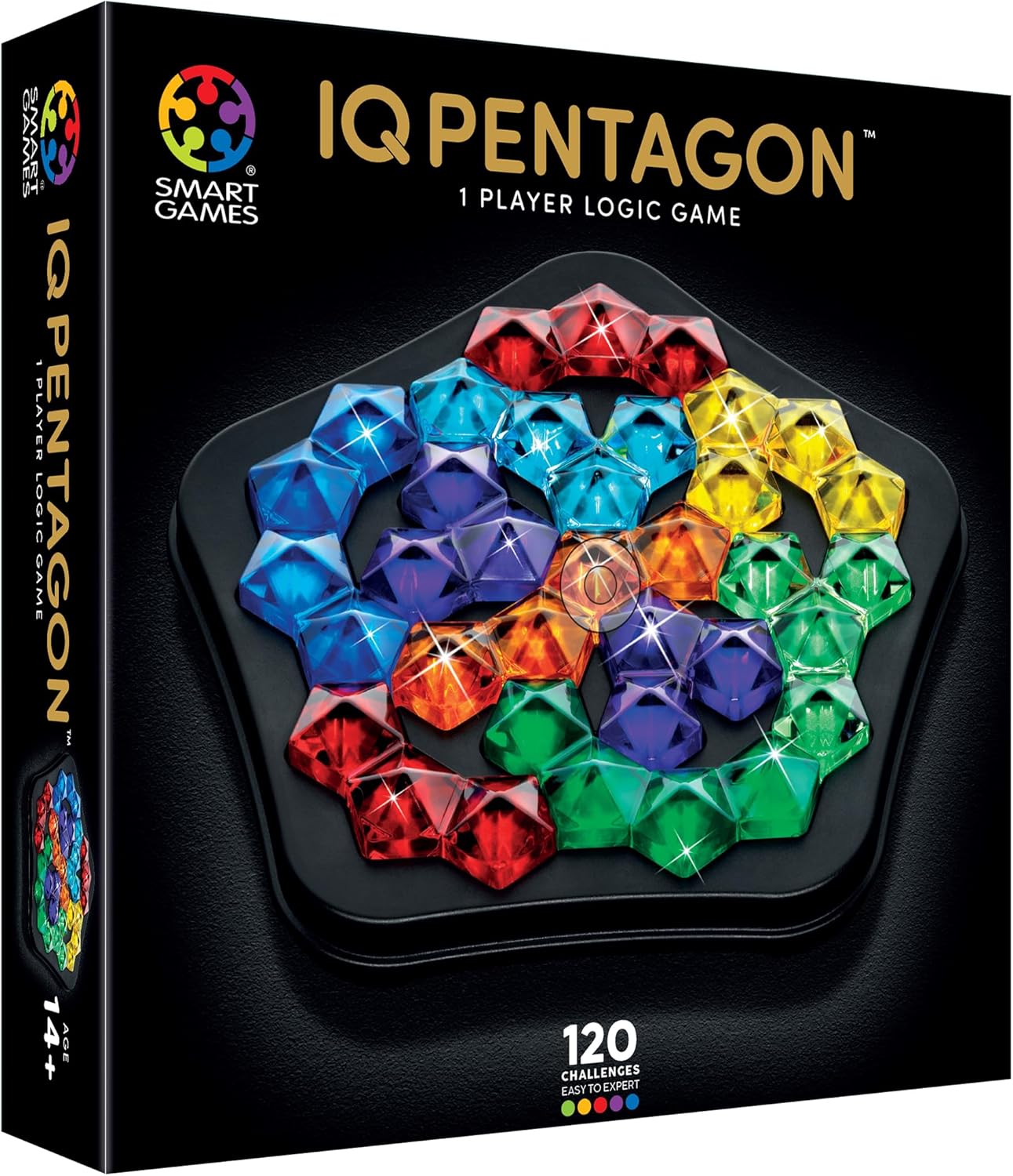 IQ Deluxe Pentagon logic game box featuring colorful, crystalline puzzle pieces arranged in a black pentagon shape