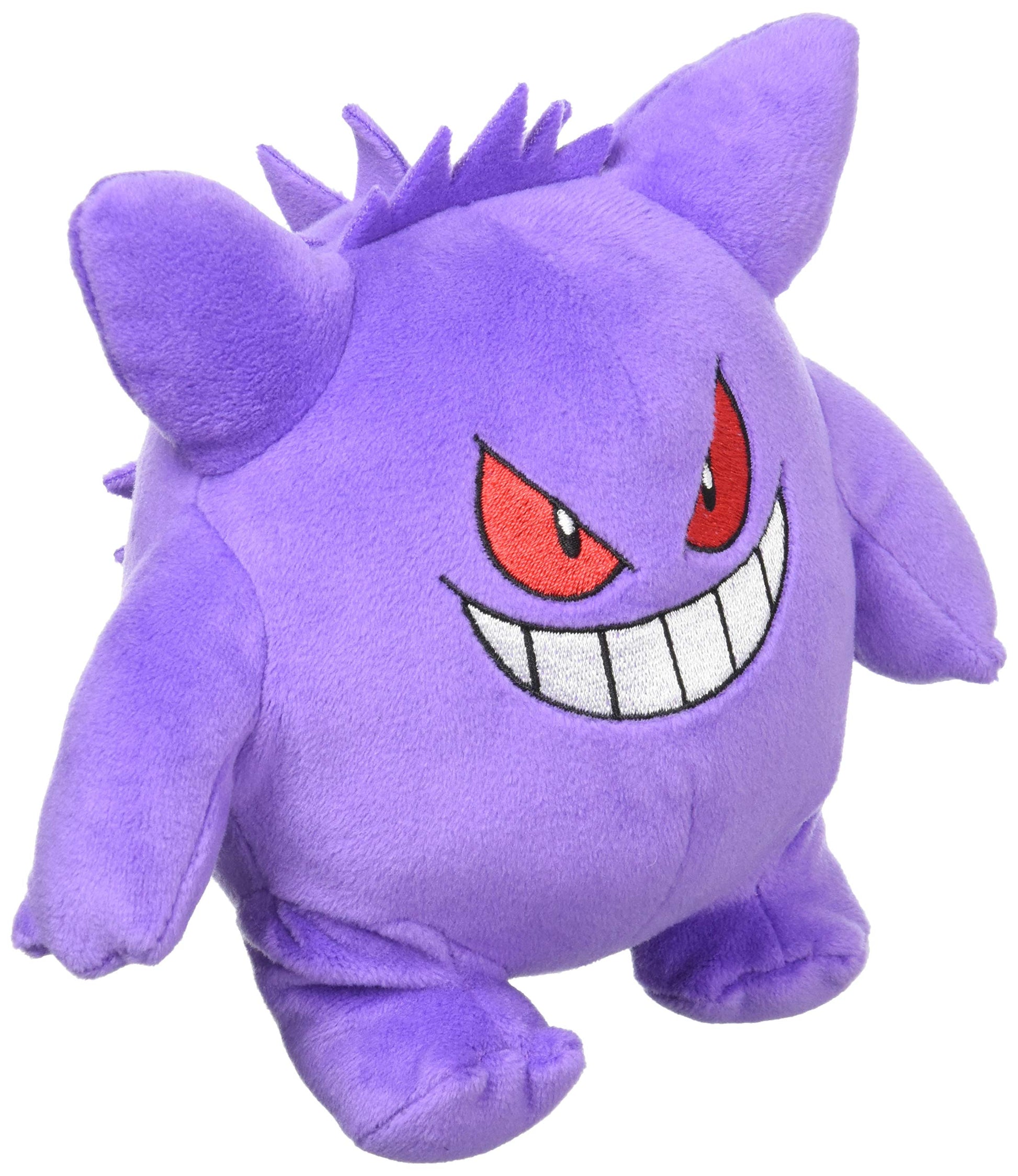 Purple plush Pokémon Gengar toy with red embroidered eyes and wide smile