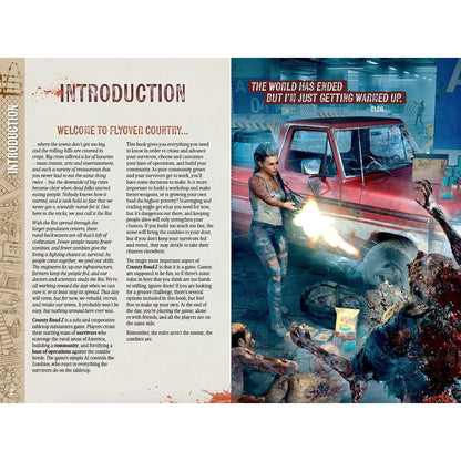 A female survivor fires a shotgun at a zombie next to a damaged red truck and supplies, with more zombies nearby.