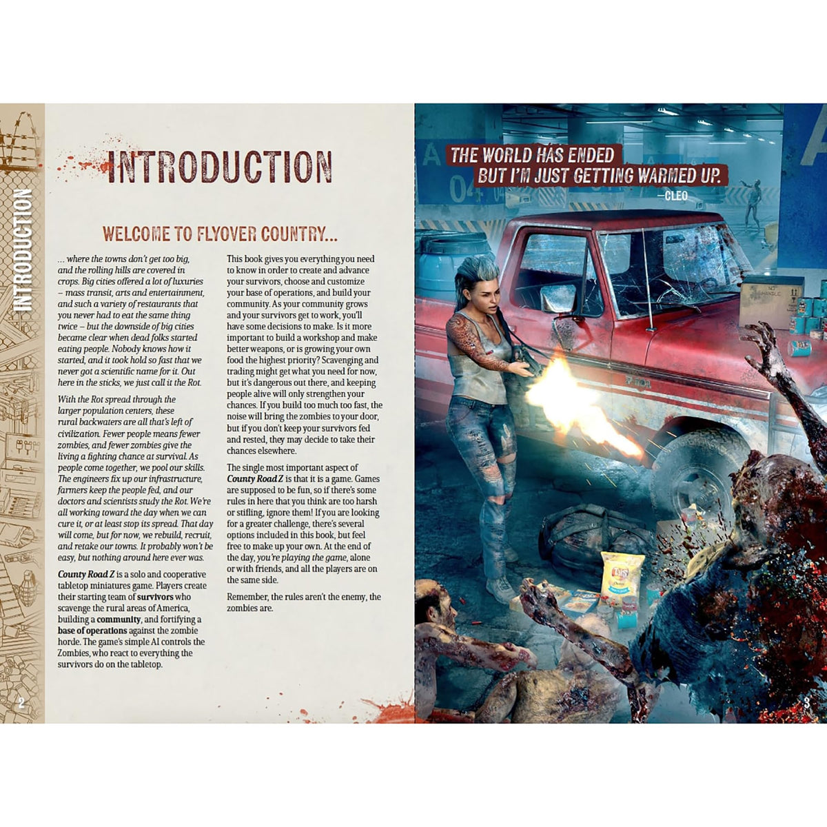 A female survivor fires a shotgun at a zombie next to a damaged red truck and supplies, with more zombies nearby.