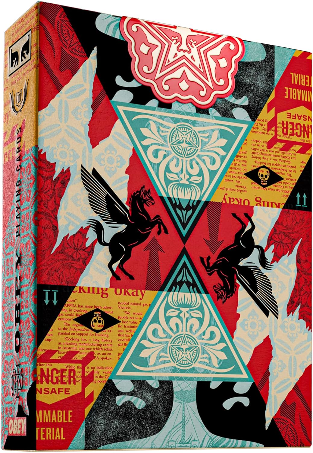 Obey Playing Cards box with red, black and teal collage art featuring winged horses and typographic elements