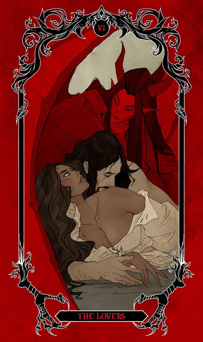 Tarot card The Lovers VI: A man kisses a woman's neck as a horned red demon watches over them. Gothic frame on red