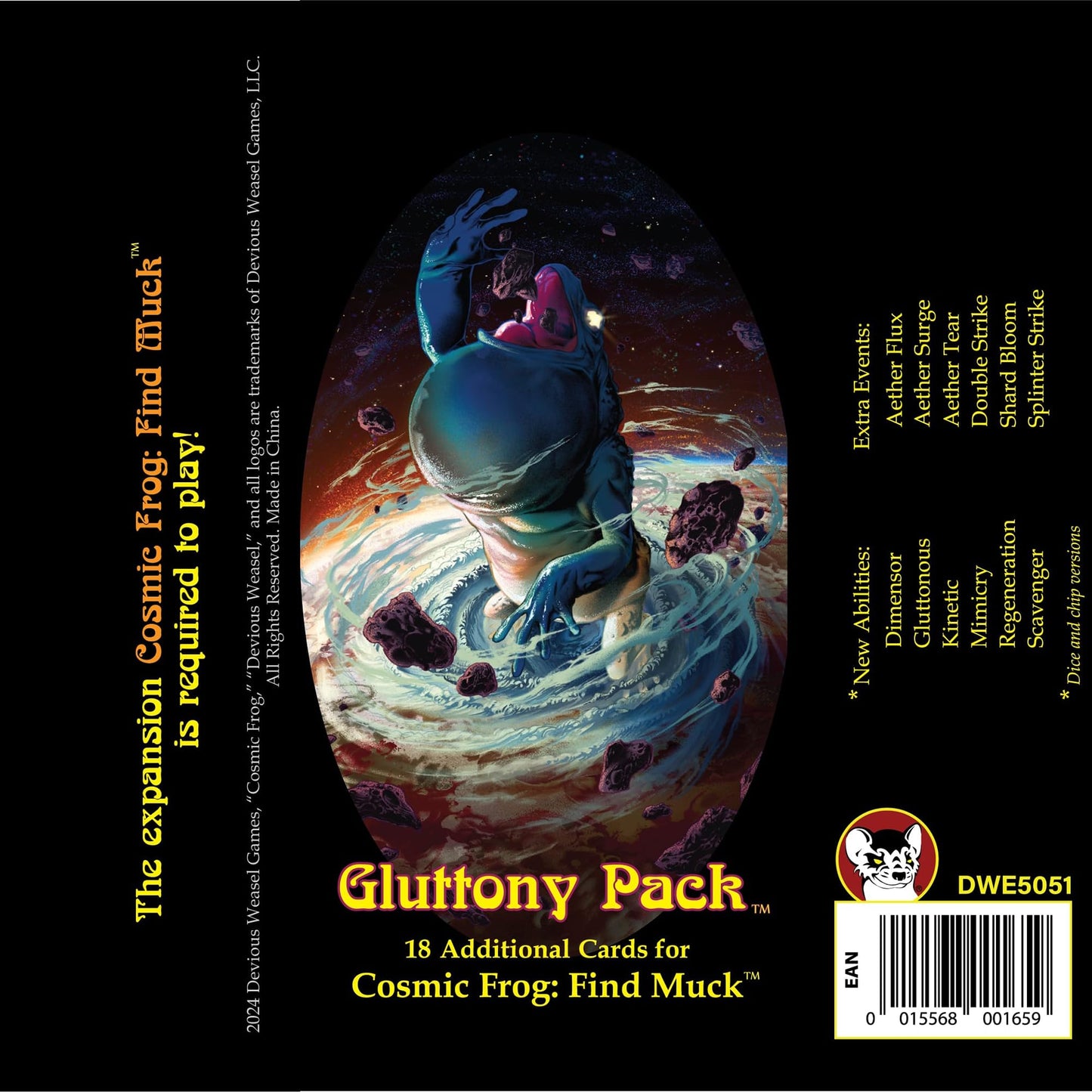 Back Cover for 'Gluttony Pack': A large, blue, cosmic frog-like creature emerges from a swirling planet, eating asteroids