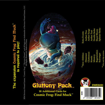 Back Cover for 'Gluttony Pack': A large, blue, cosmic frog-like creature emerges from a swirling planet, eating asteroids