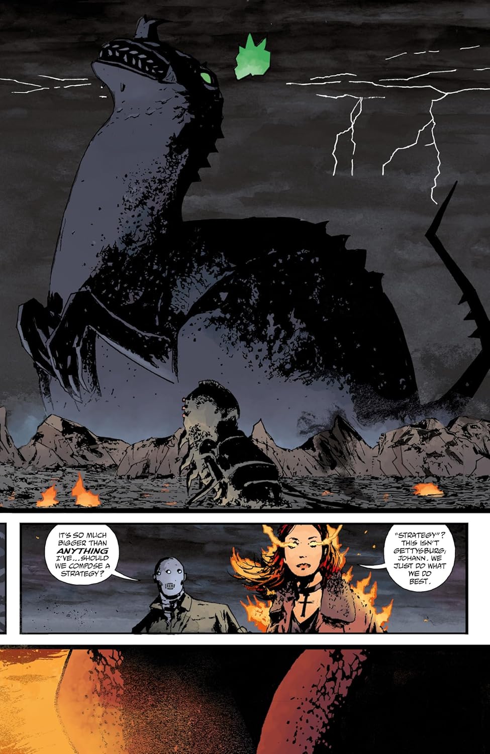 A colossal -  dark reptilian monster with glowing green eyes dominates a stormy -  fiery landscape
