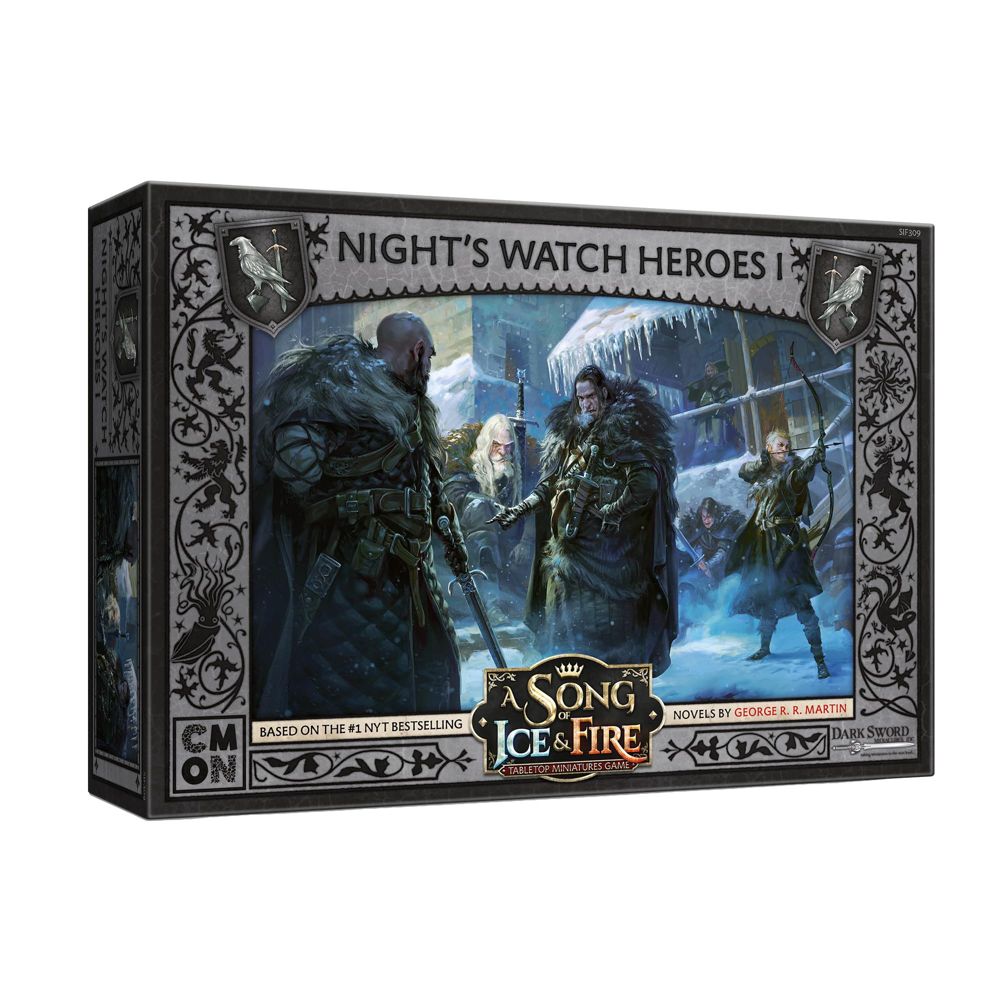 A Song of Ice & Fire: Night's Watch Heroes I game box, showing bearded men with swords & bows in a snowy landscape