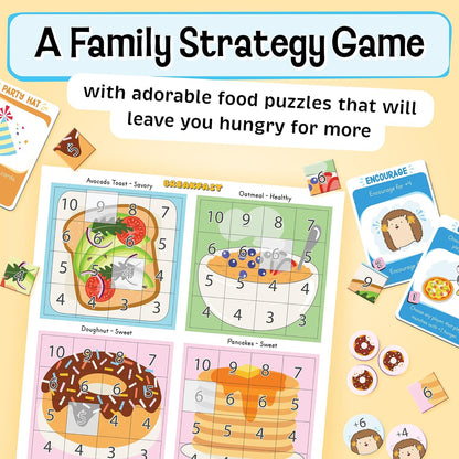 Colourful family strategy game with food puzzles like avocado toast and donuts on grids includes number tiles and character cards
