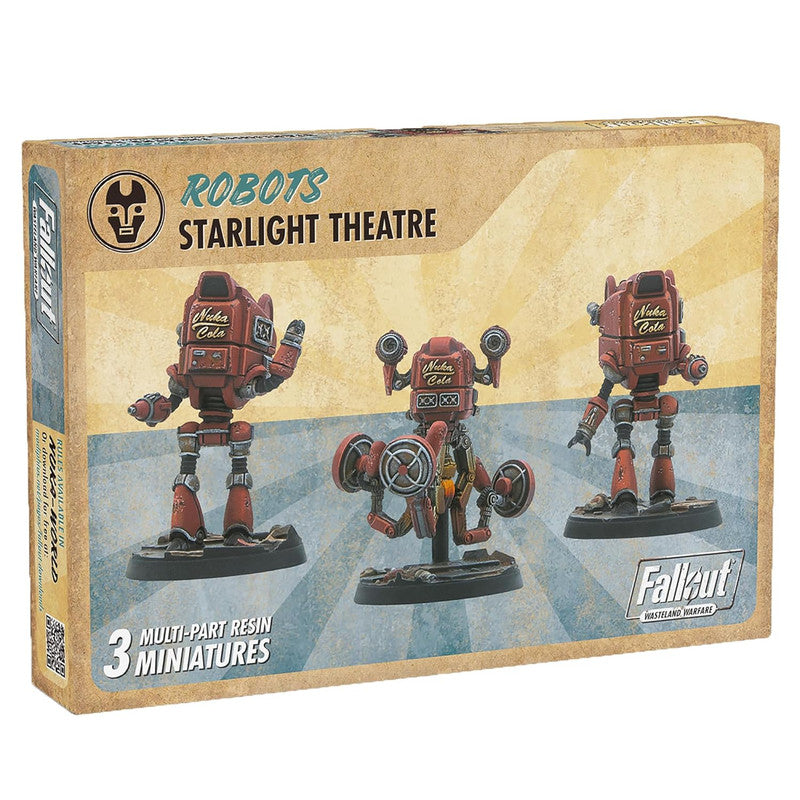 Fallout Robots Starlight Theatre miniatures box with three red multi-part resin robots: two Nuka Cola bots and one central projector bot