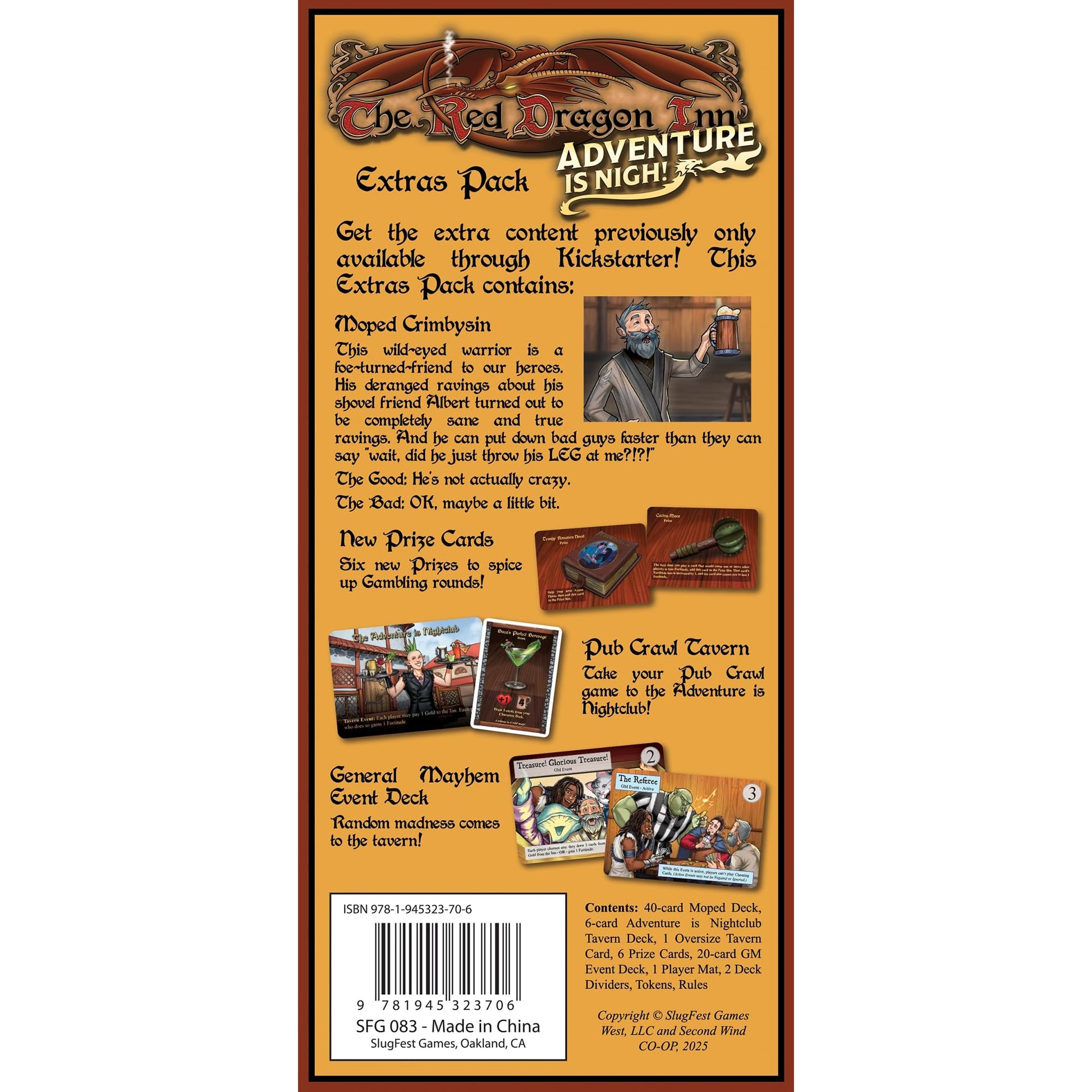 The Red Dragon Inn Adventure is Nigh! Extras Pack. A bearded man cheers with beer, surrounded by fantasy game cards
