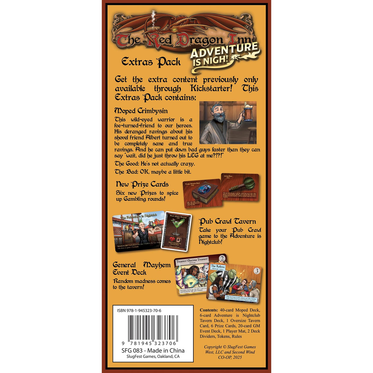 The Red Dragon Inn Adventure is Nigh! Extras Pack. A bearded man cheers with beer, surrounded by fantasy game cards