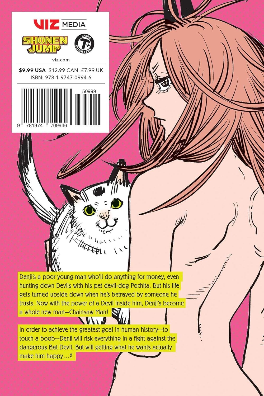 Chainsaw Man manga back cover features pink-haired Power with horns looking back, a white cat behind her. Synopsis text