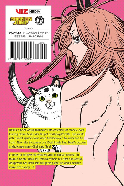 Chainsaw Man manga back cover features pink-haired Power with horns looking back, a white cat behind her. Synopsis text