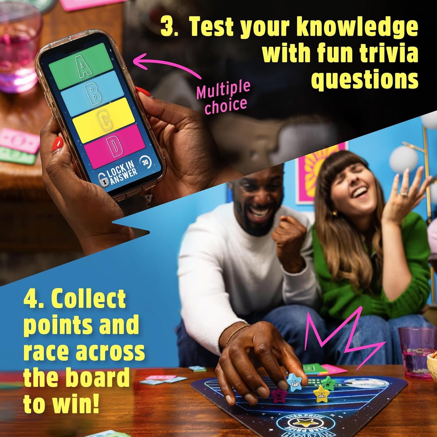 Players use a smartphone for multiple-choice trivia and move star tokens on a board game