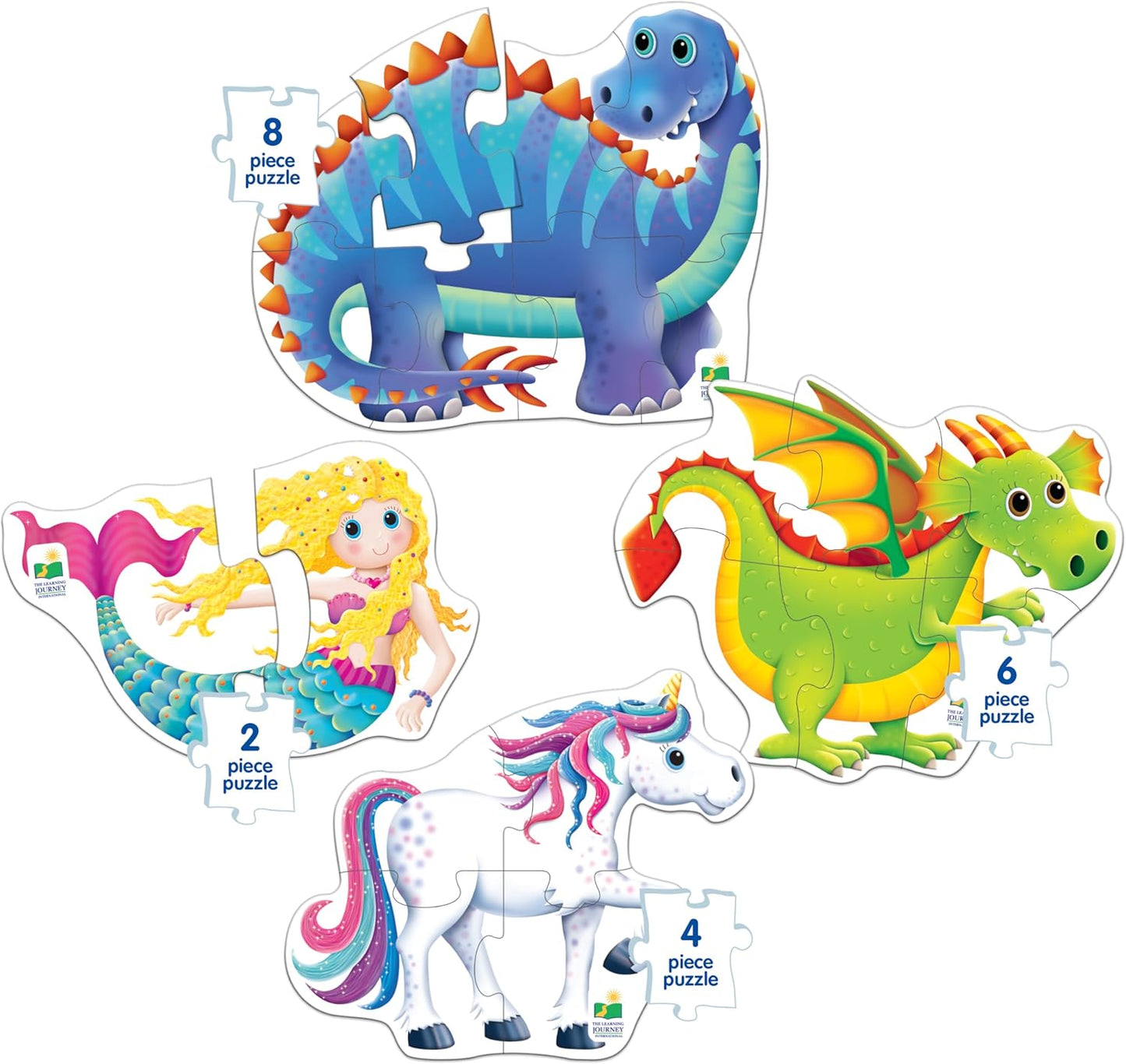 Four shaped children's jigsaw puzzles: dinosaur (8 pc), dragon (6 pc), mermaid (2 pc), and unicorn (4 pc)