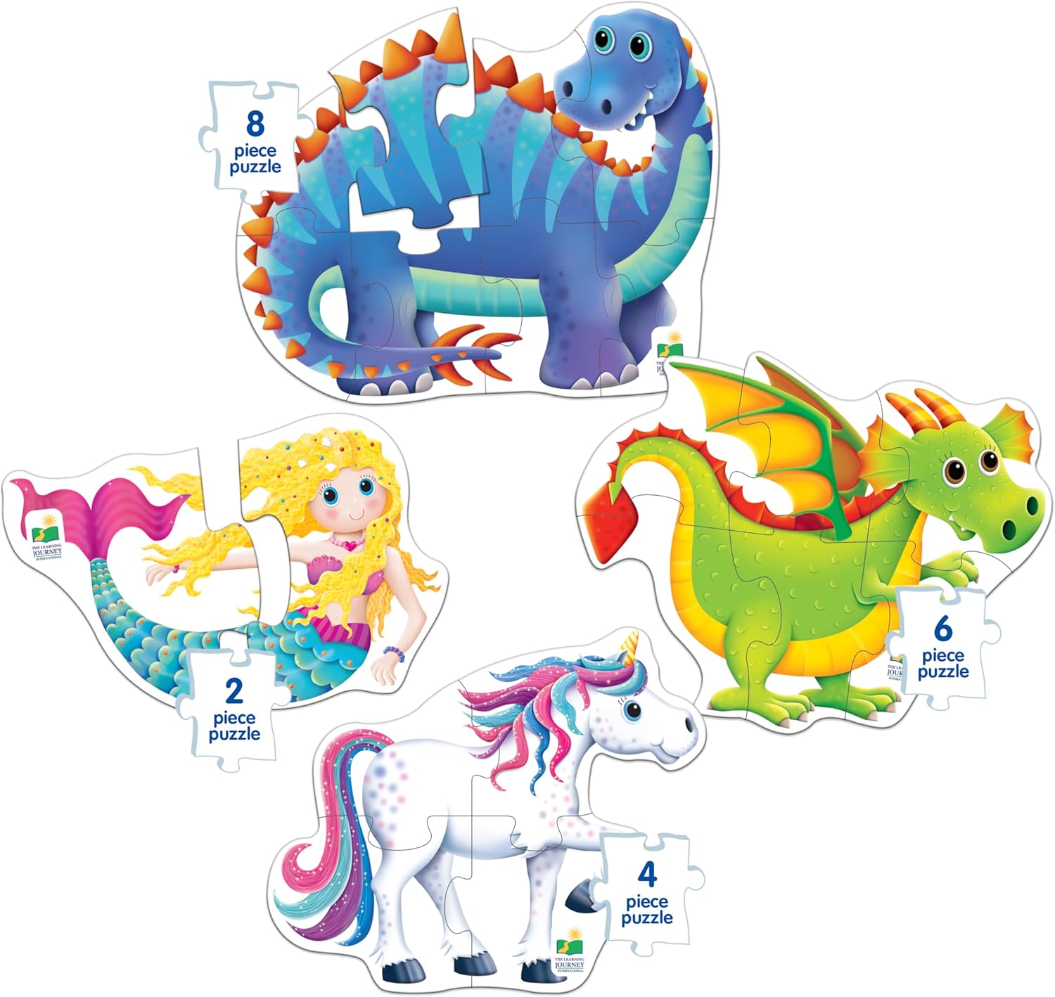 Four shaped children's jigsaw puzzles: dinosaur (8 pc), dragon (6 pc), mermaid (2 pc), and unicorn (4 pc)