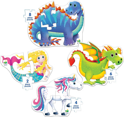 Four shaped children's jigsaw puzzles: dinosaur (8 pc), dragon (6 pc), mermaid (2 pc), and unicorn (4 pc)