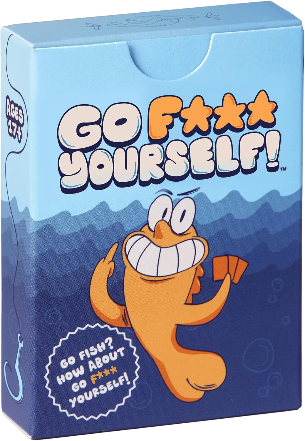 Box for the GO F*** YOURSELF! card game showing a cartoon fish flipping the middle finger