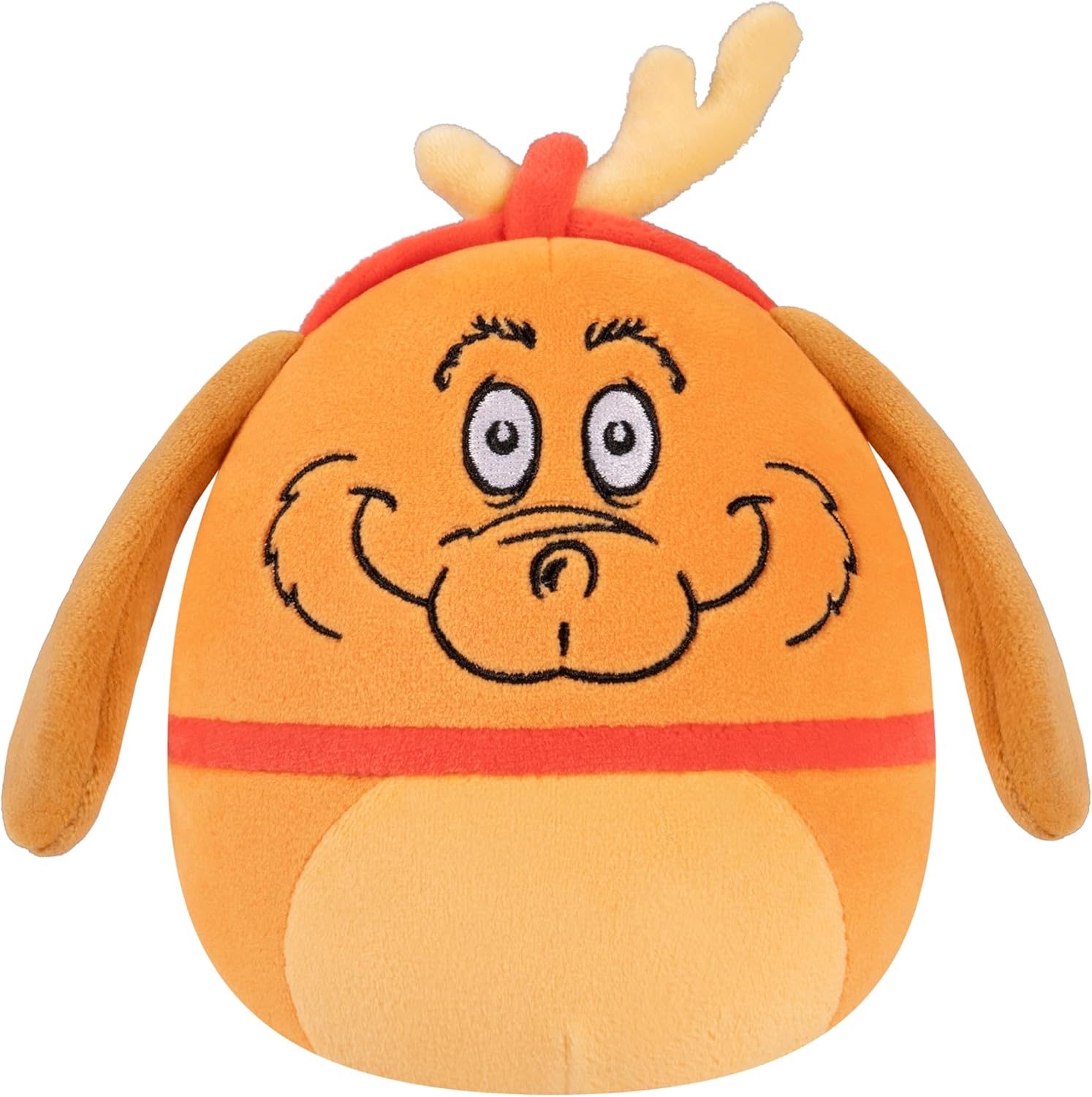Max the Dog plush toy, orange and round, wearing reindeer antlers