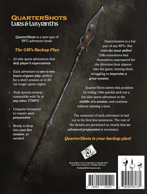 Dark fantasy spear with ornate gold detailing designed to be the main visual for an RPG adventure book cover