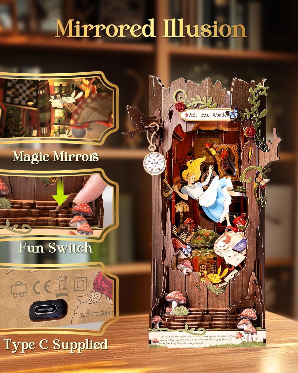 Detailed wooden Alice in Wonderland book nook diorama with layered depth and featured switches/mirrors