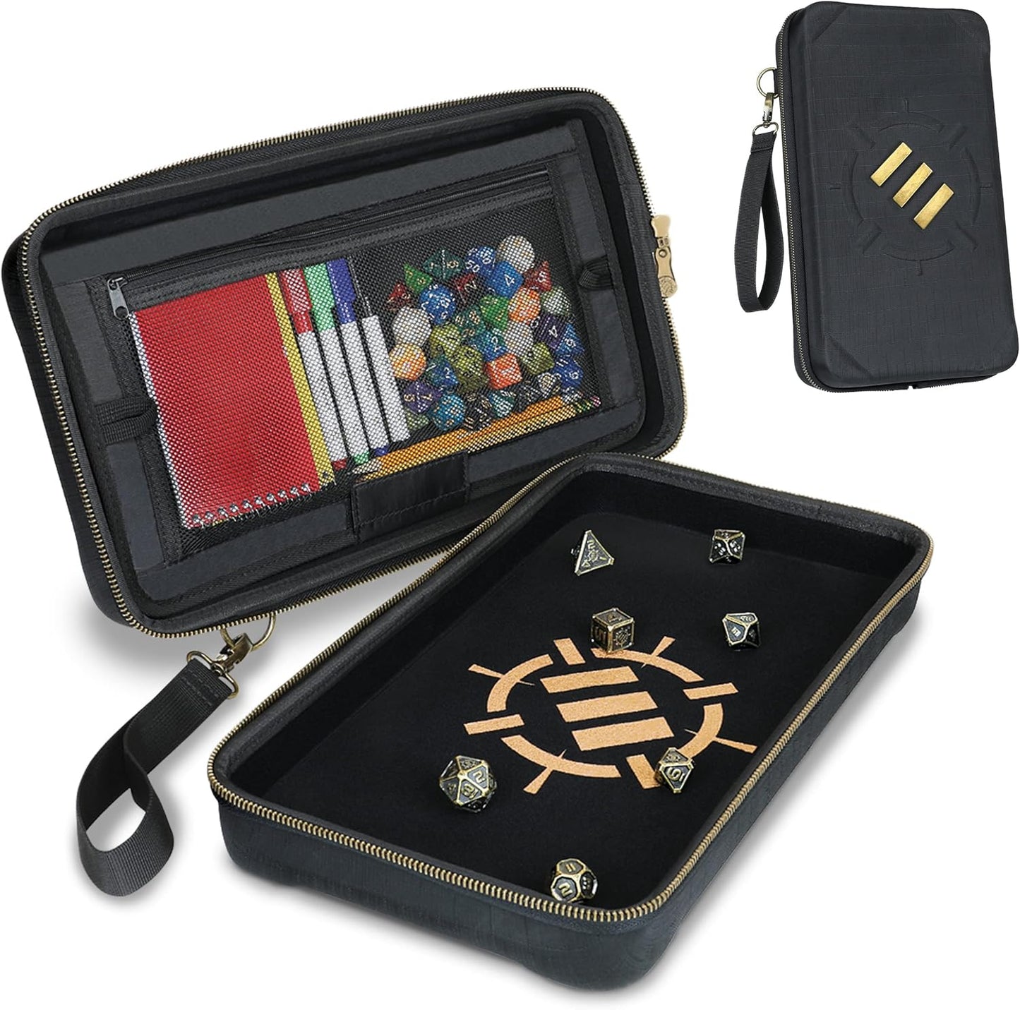Black zippered gaming case, open, revealing colorful dice, notebooks, markers, and a dice rolling tray with metallic dice