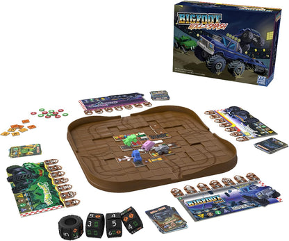 Bigfoot Roll & Smash monster truck board game setup: box -  brown track board with truck minis -  player mats -  and dice