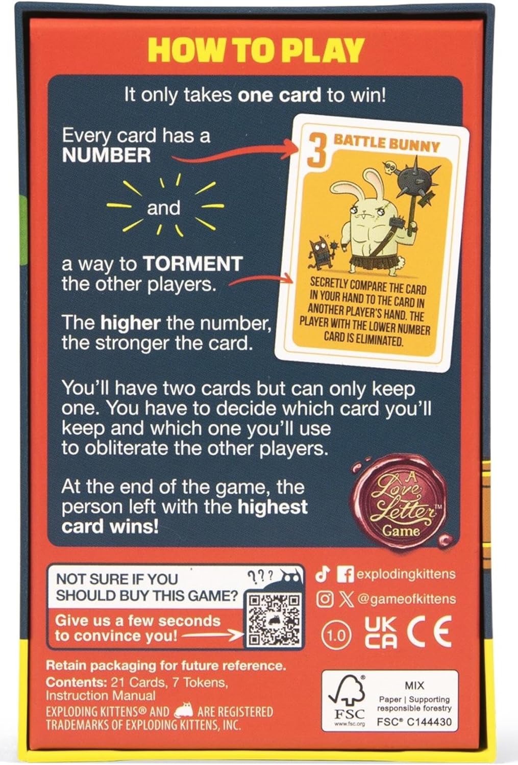 Exploding Kittens Love Letter Game box instructions showing the "Battle Bunny" card: a muscular rabbit holding a mace