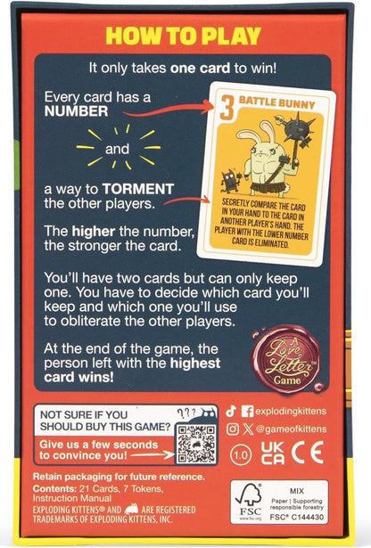 Exploding Kittens Love Letter Game box instructions showing the "Battle Bunny" card: a muscular rabbit holding a mace