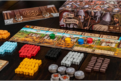 The Anarchy board game setup, showing the modular board, large stacks of colorful wooden meeples, and the box
