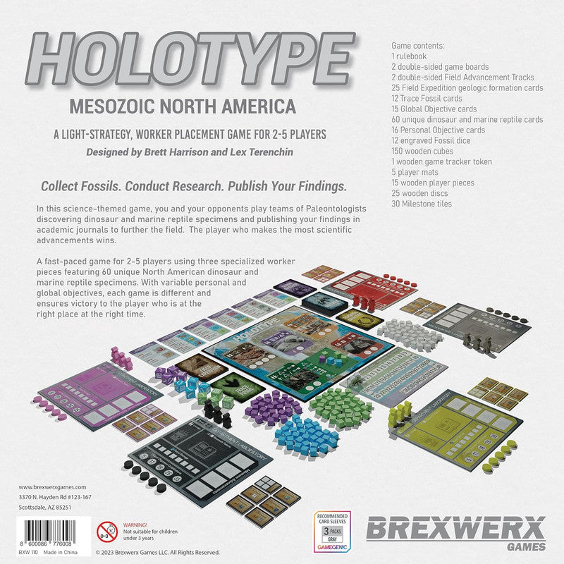 Back of Holotype: Mesozoic North America, a worker-placement board game, showing its colorful components like boards, cards, and cubes