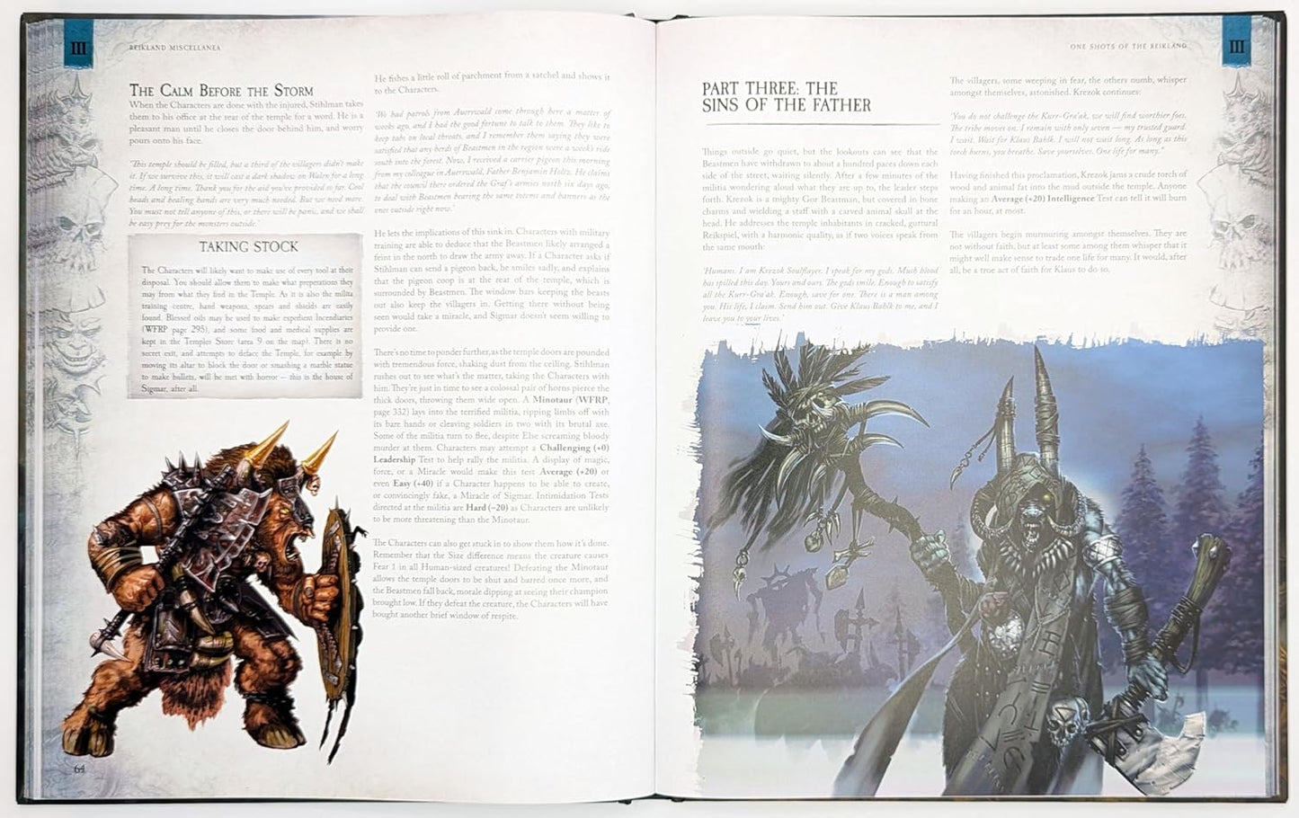 Book page with two fantasy warriors: an armored minotaur with axe and shield, and a dark hooded shaman with skull staff and axe
