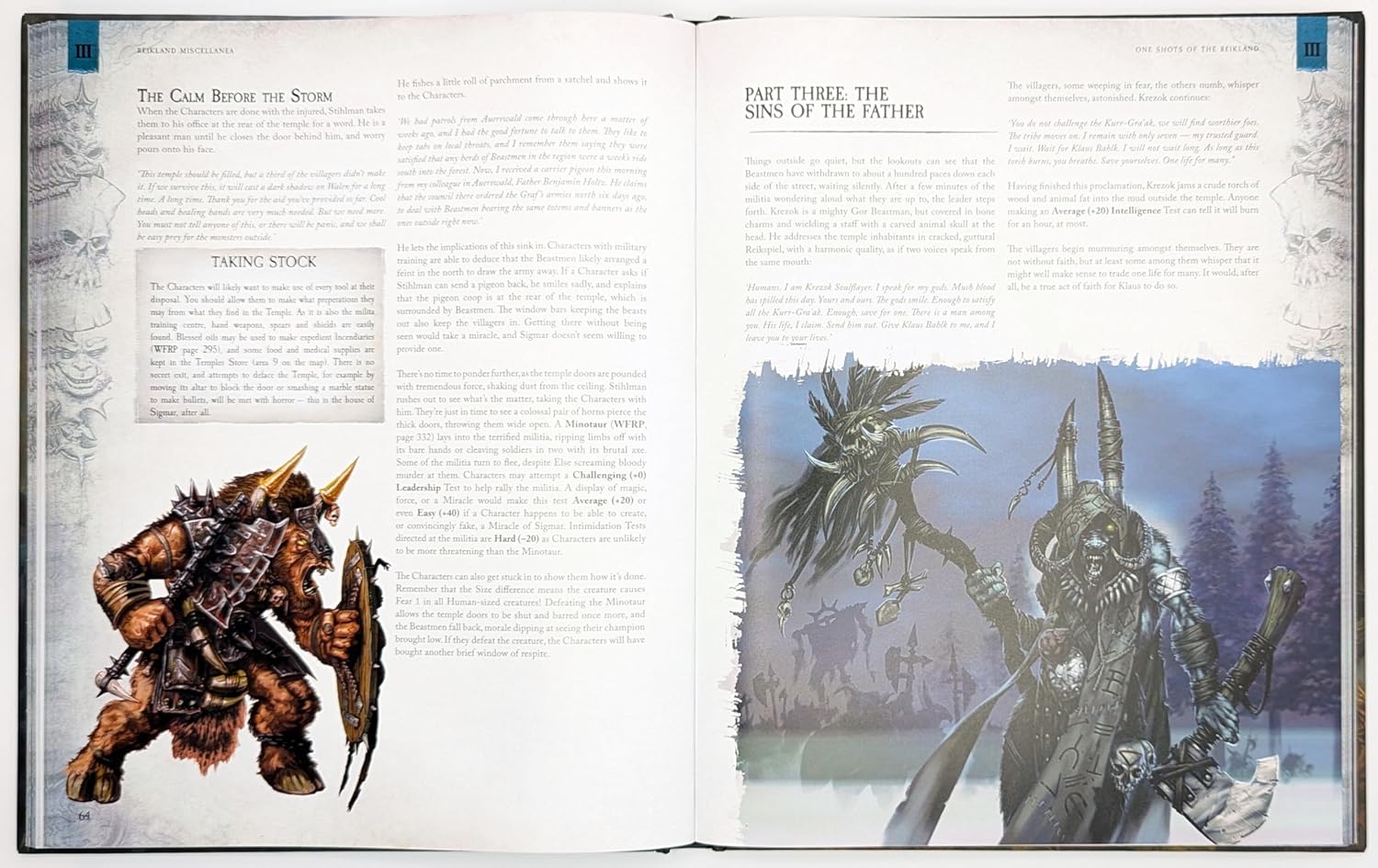 Book page with two fantasy warriors: an armored minotaur with axe and shield, and a dark hooded shaman with skull staff and axe