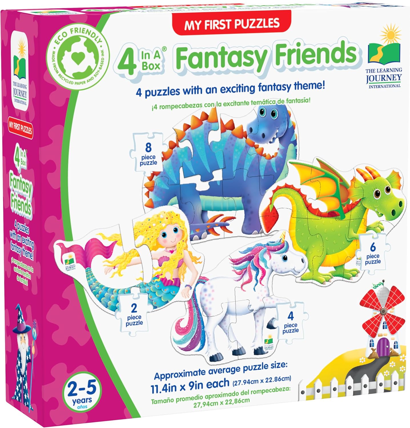 Box of 4 children's fantasy puzzles: dinosaur, dragon, mermaid, and unicorn