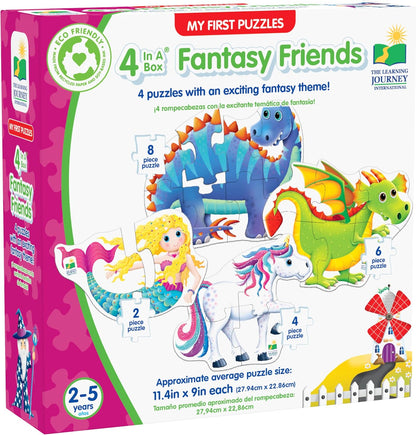 Box of 4 children's fantasy puzzles: dinosaur, dragon, mermaid, and unicorn