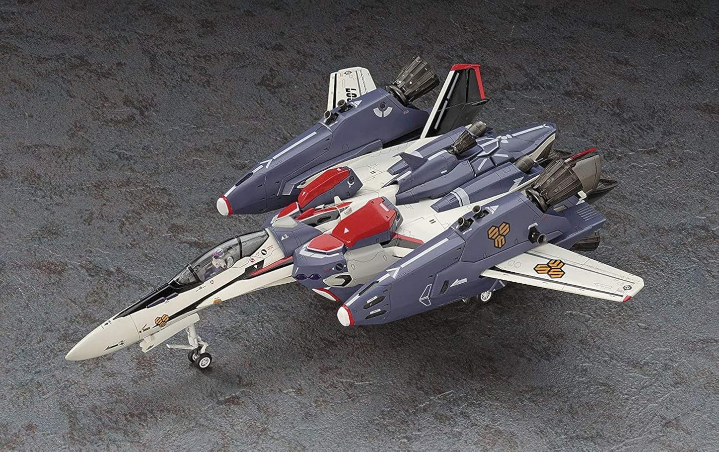 Highly detailed white and dark blue variable fighter jet model (Valkyrie) in fighter configuration with red accents and deployed landing gear on surface