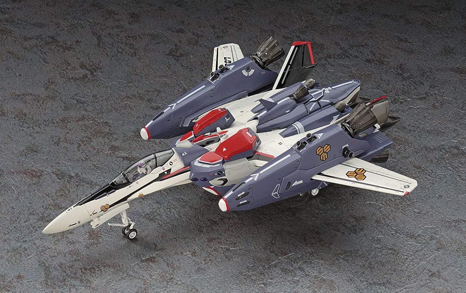 Highly detailed white and dark blue variable fighter jet model (Valkyrie) in fighter configuration with red accents and deployed landing gear on surface