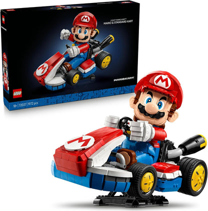 LEGO model of Mario riding a Standard Kart, with the Mario Kart set box in the background