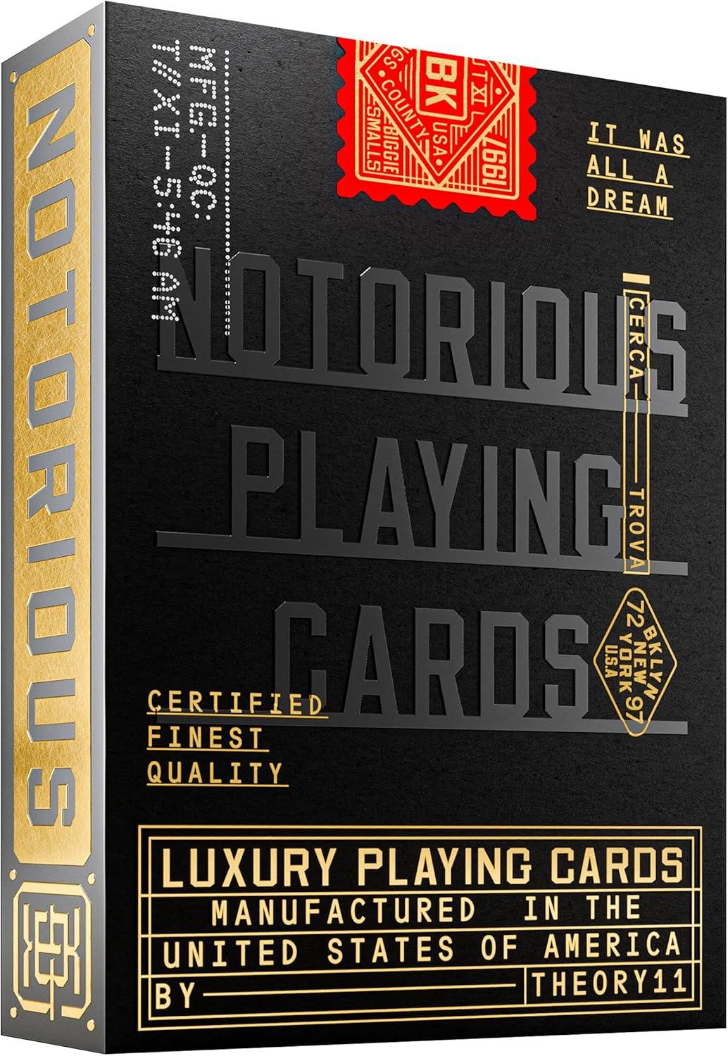 Black luxury tuck case for "NOTORIOUS PLAYING CARDS," featuring embossed black lettering and gold foil accents