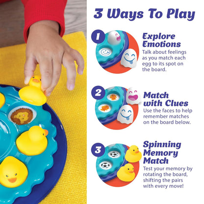 Child plays a matching game, placing a yellow rubber duck on the blue board, Text reads "3 Ways To Play"
