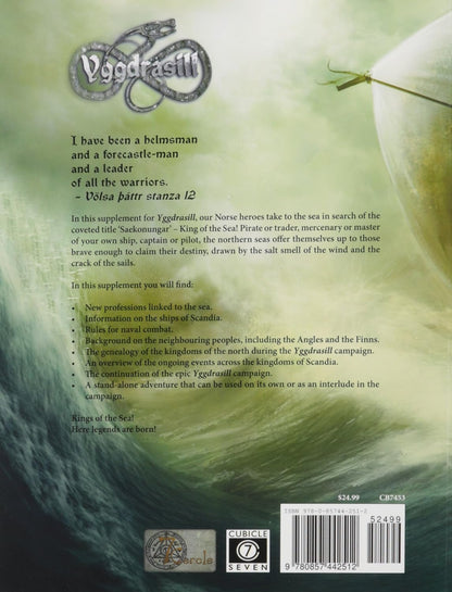 Back cover of Yggdrasill RPG supplement, featuring a serpent logo and text about Norse sea adventures