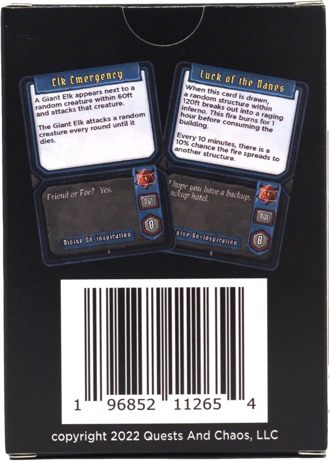 Black game box showing "Elk Emergency" and "Luck of the Danes" cards, with a barcode below