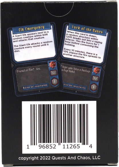 Black game box showing "Elk Emergency" and "Luck of the Danes" cards, with a barcode below